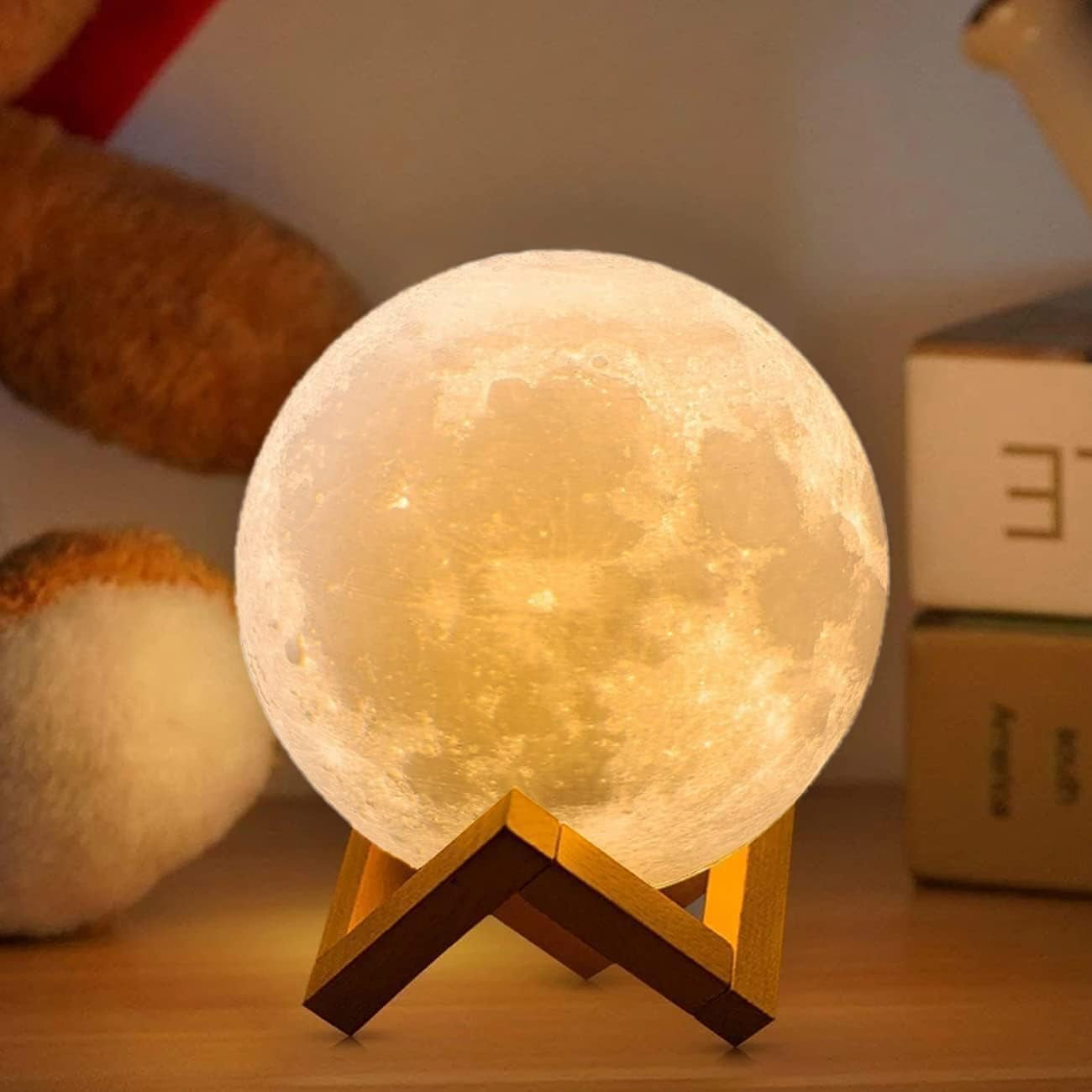 Moon Lamp 2023 Upgrade 128 Colors with Timing- 3D Printing Moon Night Light for Kids Adults Bedroom Space Decor Cool Gifts for Girls Boys- Wooden Stand & Remote/Touch Control 4.8 Inch (Small)